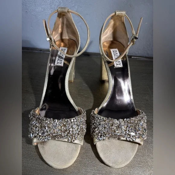 Badgley Mischka HINES Gold Embellished Chunk Heels - Picture 4 of 15